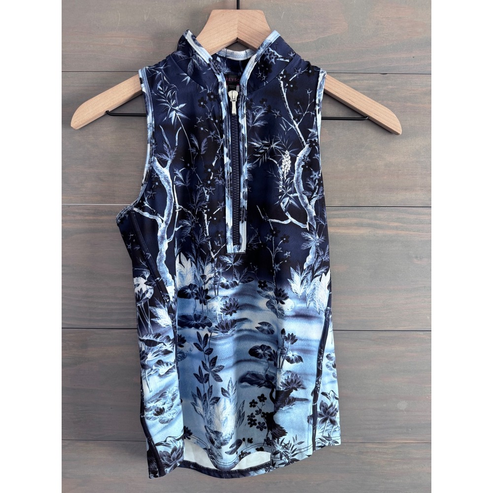 Greyson Magic Garden Vesta Mock Neck Sleeveless Golf Polo Blue White XS 757B